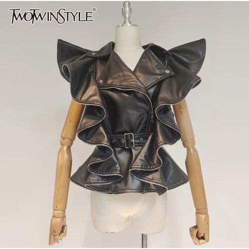TWOTWINSTYLE Casual PU Leather Lace Up Shirts Female Lapel Sleeveless Gathered Waist Patchwork Ruffle Blouses For Women Autumn