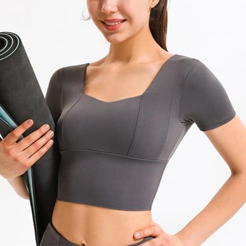 Women Yoga Tops Short Sleeve Breathable Nylon Bulid in Bra Workout Sport Shirts Fitness Comfortable Sports Underwear