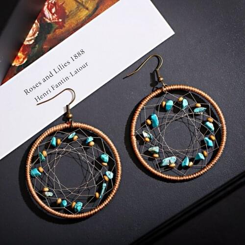Vintage Dreamcatcher Womens Earrings Ethnic Stone Beaded Big Round Hollow Earrings For Women Summer Jewelry