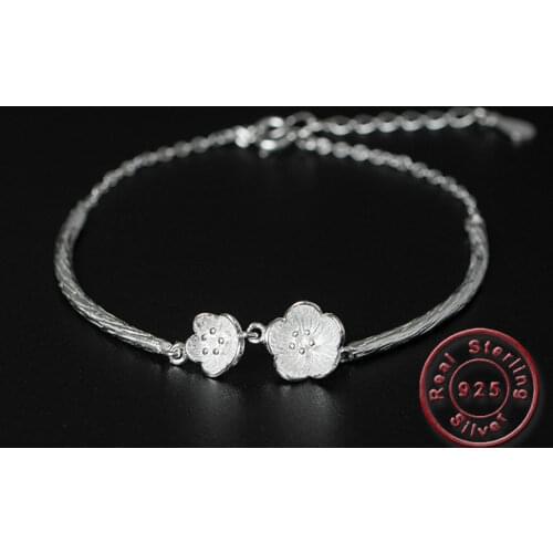Amxiu Handmade 925 Sterling Silver Bracelets Two Plum Flowers Jewelry Vintage Bracelet for Women Girls Birthday Gift Accessories