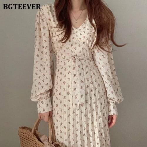 BGTEEVER Autumn Vintage Women Floral Print Chiffon Dress Casual Long Sleeve Slim Waist Lace-up Female A-line Dress 2020 Vestidos