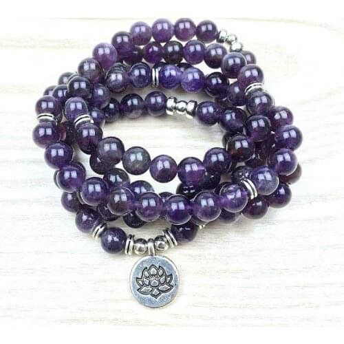 Purple 108 beads 8mm elastic adjustable Lotus life tree Buddha OM eye Chakra Reiki agate Onyx Yoga Bracelet necklace ugh34