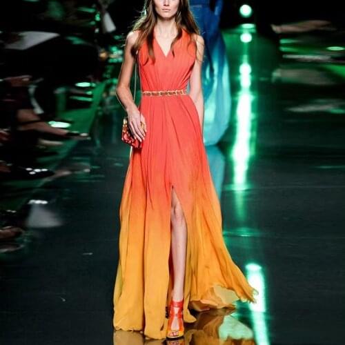 2021 Designer Fashion Summer Chiffon V-Neck Long Dress Women Color matching Temperapment Dresses