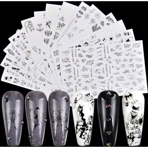 WUF 3D Nail Stickers Black Lines Geometric Leaves Heart Nail Design Adhesive Sliders for Manicure Decoration Art Decals