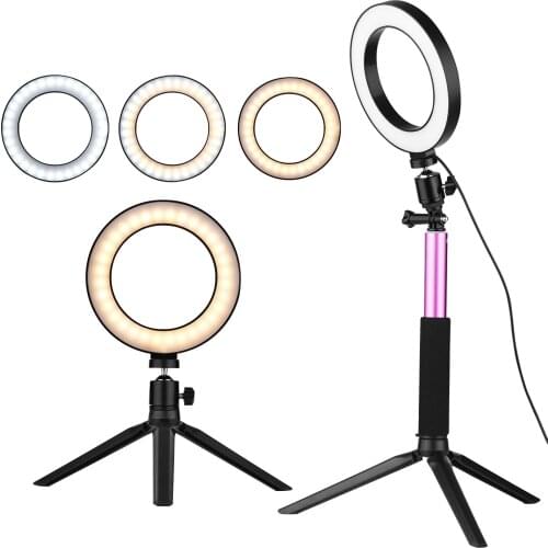 6 Inch Mini LED Ring Light Photography Selfie Ringlight Dimmable 3 Lighting Modes with Mini Desktop Tripod Ballhead for Photo