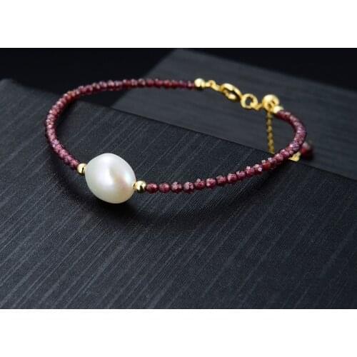 Rinntin 925 Sterling Silver Bracelet Simple Bangles Red Garnet With Pearl Cute Girls Birthday Anniversary Gift TSB48-R