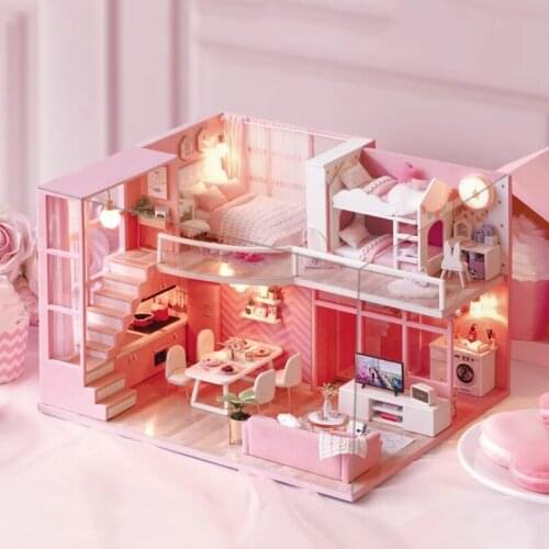 Kids Wooden Doll House Furnitures Diy 3D Garret Loft Miniaturas Assemble Dollhouse Toys for Children Birthday Gifts
