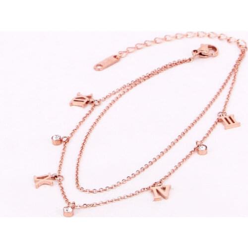 Double-layer Classic Design Roman Numeral And 3 Zircon Anklet Stainless Steel Rose Gold Color Anklet Woman Love Valentine Gift