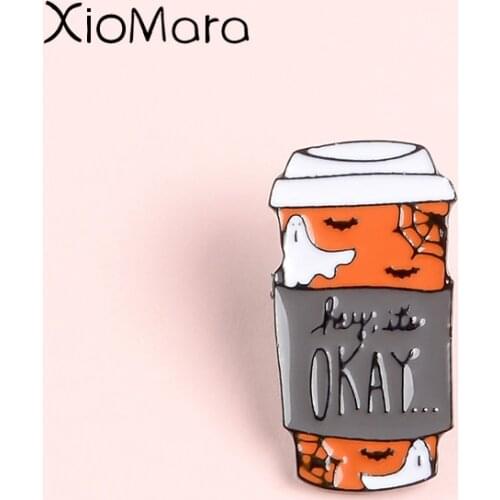 Hey Its Okay Halloween Coffee Cup pins Travel cup brooches To go cup badges Pumpkin Ghost lapel pins Gift for coffee Lover