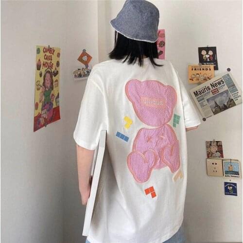 Lazy Bear Embroidered Loose Tshirt Womens T-shirts Tops Japanese Kawaii Ladies Ulzzang Female Korean Harajuku Clothes For Women