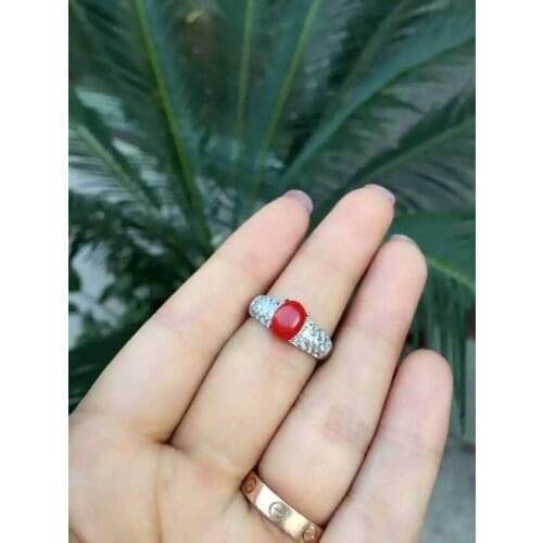 Natural red coral gem Ring Natural gemstone ring S925 sterling silver trendy Romantic elegant round Crude women gift Jewelry