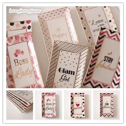Small Lovely Stripes Rose Rectangular Plate Storage Tray Ceramic Trinket Dish Dessert Plate Decorative Jewelry Storage