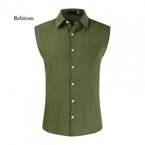 Men Shirt Buttons Turndown Collar Single-Breasted Lapel Solid Color Summer Sleeveless Lapel Top Mens Clothing Summer New