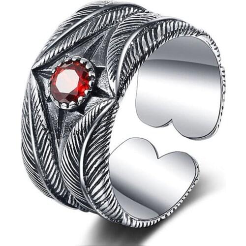 New S925 real silver punk ring with red zircon ring for men Thai silver ring for women mens rings womens rings