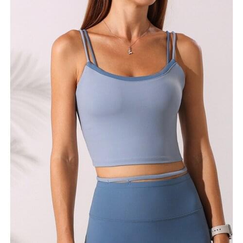 Fake Two Pieces Sports Bra Yoga Crop Top Stretchy Thin Shoulder Strap Shockproof Push-Up Underwear Gym Workout Running Brassiers