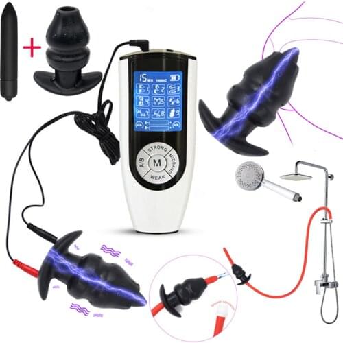Electric Shock Hollow Anal Butt Plug Dildo Vibrator E-Stim Prostate Massage Anus Dilator Vagina Speculum Enema Clean Sex Toy Kit
