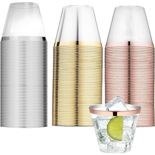 9OZ 250ml Rose Gold Disposable Plastic Cup Transparent Hot Stamping Cup Wedding Party Tumblers Beverage Wine Glass Champagne