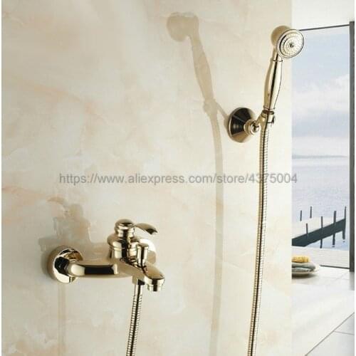 Luxury Gold Color Brass Wall Mounted Bathroom Faucet Bath Tub Mixer Tap With Hand Shower Head Shower Faucet Sets Ntf401