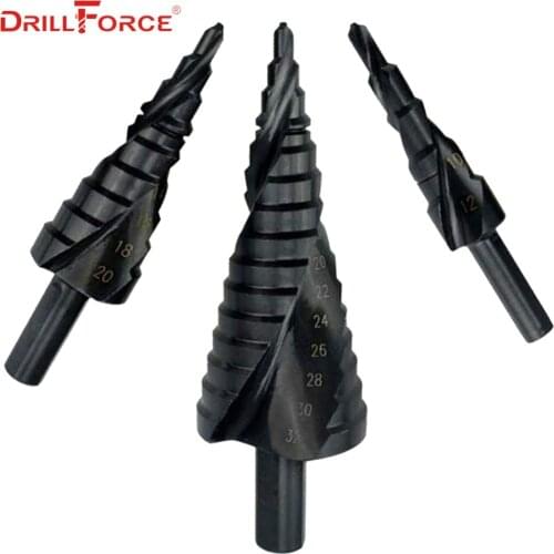 3PCS HSS Titanium Nitride Coated Cone Spiral Step Drill Bit Set Metal Triangle Shank Hole Cutter Power Tools kit, 4-12/20/32mm