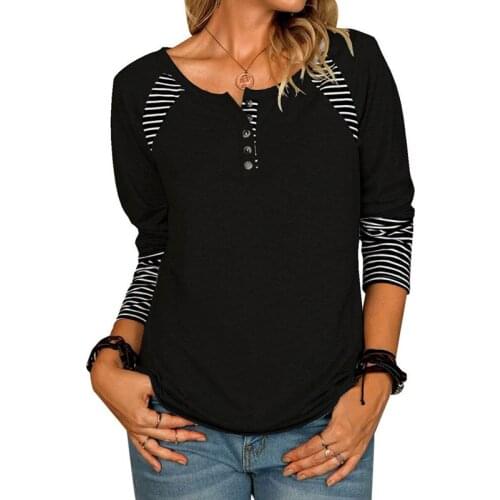 Striped Patchwork Long Sleeve Button Tshirts Women Loose Casual Top Tees O-Neck Fashion New Arrival Female Clothes Autumn 2021