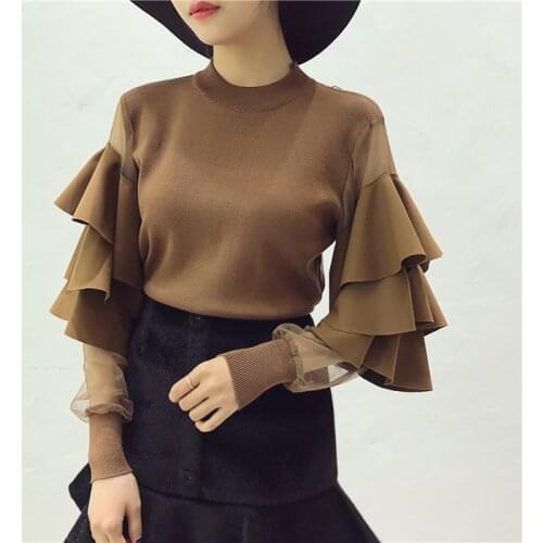 Women Knitted Sweaters Tops Costumes Ruffled Mesh Sleeve Woman Solid Stylish Sweater Pullovers Womens Clothing