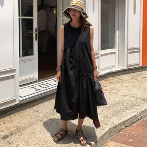 Johnature Sleeveless Casual Women Dress 2021 Summer New Loose O-neck Loose Solid Color Korean Female Dresses