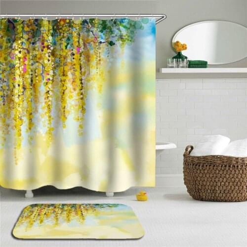 2pc/set Flowers Printed Shower Curtain Set Bath Curtains Polyester Waterproof Cloth Shower Curtains Bathroom Non-slip Floor Mat