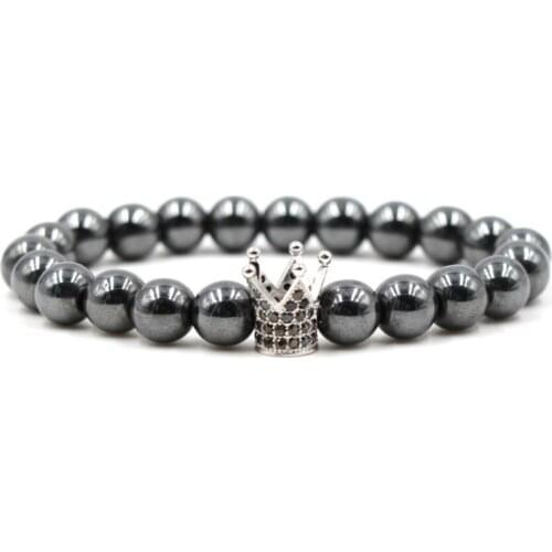 8mm ikj79 elastic adjusted nature hematite bead micro pave Crown cz cubic zirconia Bracelet for Women