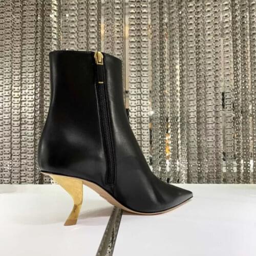 Winter Fashion Golden Curved Heels Black Leather Boots Strange Heels Pointed toe Ankle Boots Side zipper outfit Bottines