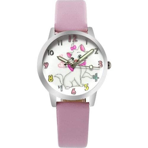 Relogio pink cartoon cute cat girl clock brand quartz leather childrens watch casual boy sports birthday kid gift watch