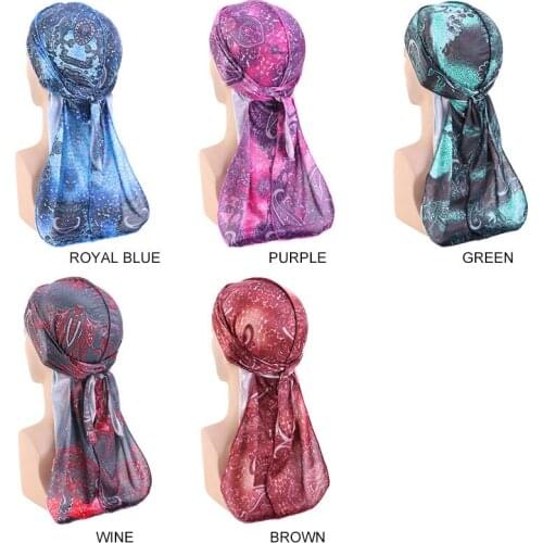 Hip Hop Doo-Rag Women Men Long Satin Printed Bandana Hat Wave Design Style Unisex Long tail Durag Cap Turban Headwear