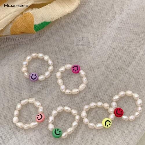 HUANZHI 2021 New Colorful Smiley Geometric Irregular Natural Freshwater Pearl Rings Adjustable for Women Girls Party Jewelry