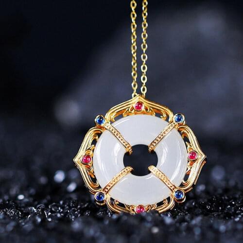 Ancient gold craft inlaid crystal natural Hetian jade ring necklace pendant temperament charm ethnic style ladies jewelry
