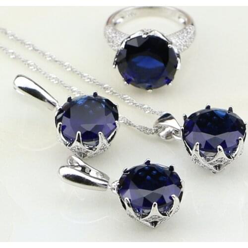 Round Blue Cubic Zirconia White Zircon Sterling Silver 925 Bridal Wedding Jewelry Sets Earrings/Pendant/Necklace/Ring For Women