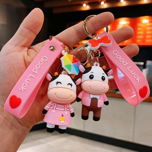 Cartoon Cow Doll Keychain School Bag Pendant Car Keyring Couple Key Holder Gift