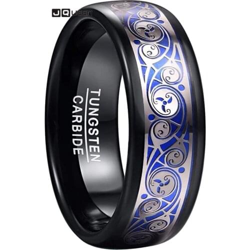 Mens 8mm Tungsten Carbide Ring with Blue Background Triple Spiral Pattern Inlaid Tungsten Ring Comfort Fit Size 7-12