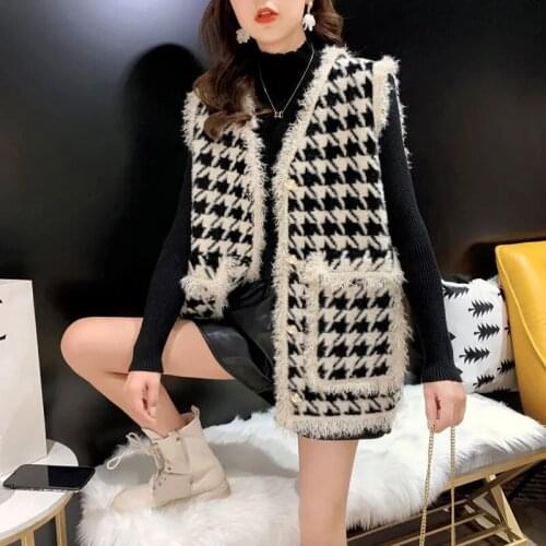 Autumn Winter Houndstooth Vest Jacket Women Loose Waterproof Mink Cashmere Knitting Waistcoat Harajuku Tassels Sleeveless Coat