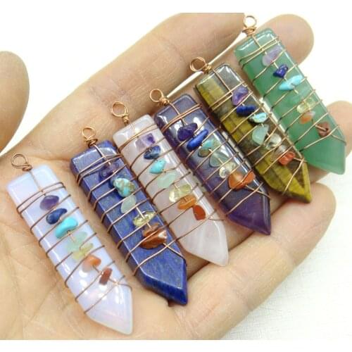 Natural stone Quartz crystal amethysts 7 Chakra pillar chakra Wire winding Pendant for Jewelry making necklace for men woman 6pc