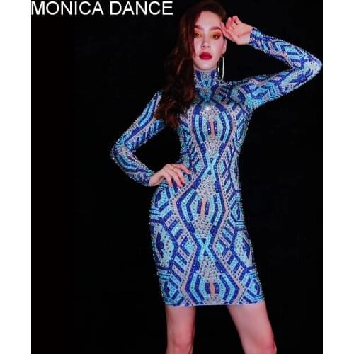 Sexy Flashing Rhinestones Blue Elastic Dress Vintage Birthday Celebrate Evening Party Crystals Outfit Women Singer Stage Wear