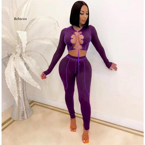Sexy Two Piece Set Criss-Cross Lace Up Crop Top Pant Sweat Suits Party Club Birthday Outfits for Women Bodycon Tracksuit