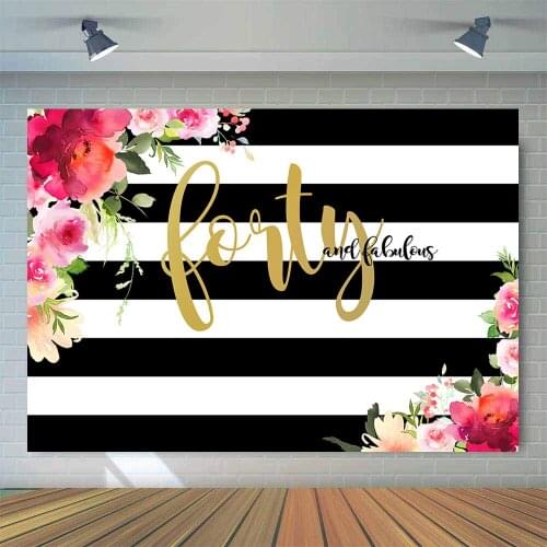 Mehofoto Forty and Fabulous Backdrop Flower Stripes 40th Birthday Photography Background Vinyl Women 40th Birthday Party Banner