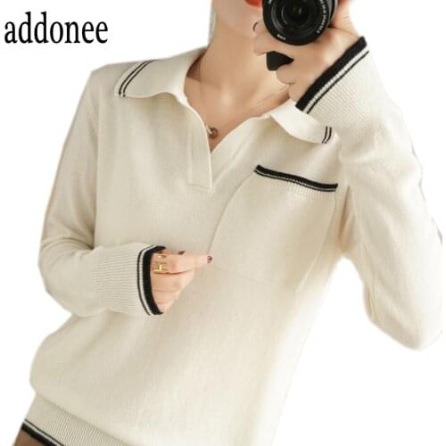 2020 Women Autumn Winter 100% Australian Cashmere Wool Turn-down Collar Sweater Pullover Warm Casual Soft Loose Office Lady