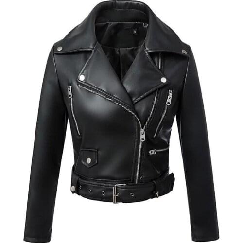 New Women Autumn Winter Black Faux Leather Jackets Zipper Basic Coat Turn-down Collar Motor Biker Jacket With Belt Y839