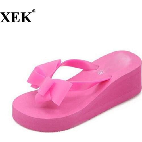 XEK New Fashion Summer Women Platform High Heel Flip Flops Beach Sandals Bowknot Slippers Women Shoes Size36-40 For Choice WFQ61
