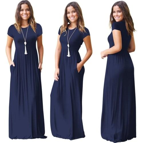 Summer women short sleeve tunic plain maxi dress Casual long dresses with pocket Plus size 2xl purple green black burgundy dress