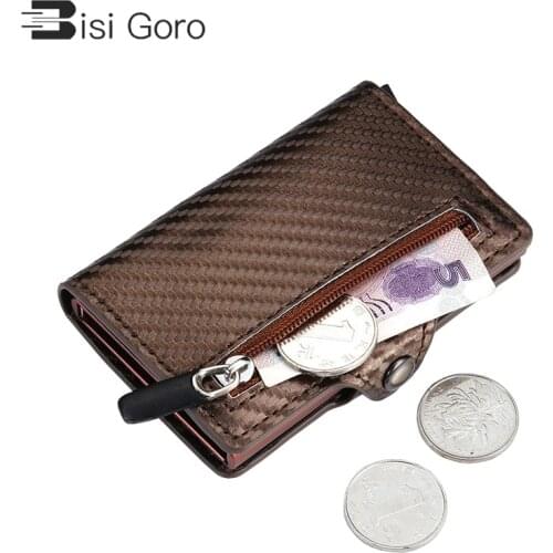 BISI GORO Top Quality Carbon Fiber Credit Card Holder New Male Coin Purse ID Holder with Zipper RFID Men Business Button Wallet
