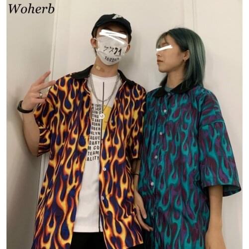 Woherb Streetwear Flame Print Women Men Blouse Shirts Summer Short Sleeve Turn Down Collar Hit Color Loose Harajuku Blusas