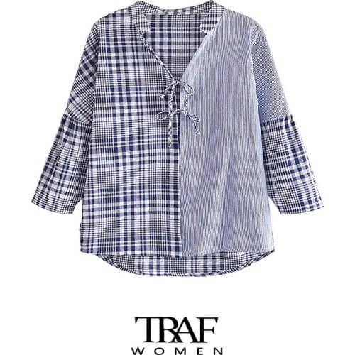 TRAF Za Women Fashion With Tied Patchwork Check Oversized Blouses Vintage V Neck Long Sleeve Female Shirts Chic Tops