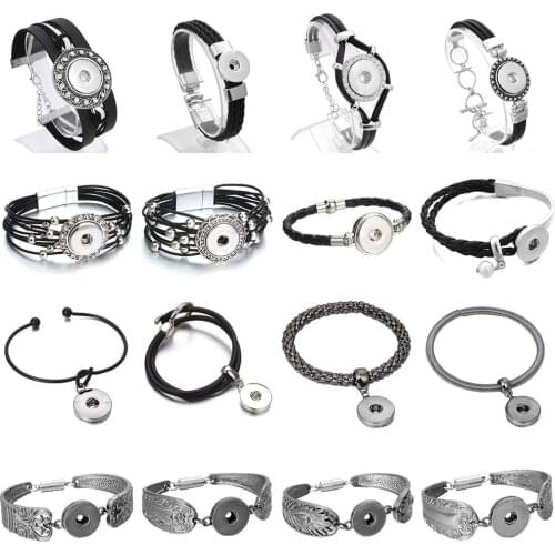 New Snap Bracelets Black Leather Metal Snap Button Bracelet Bangle Fit 18MM Snap Jewelry Bracelets Beads Making Jewelry