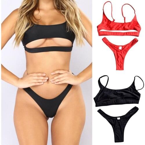 Bikini Set Women Sexy Swimsuit Hollow High Waist Solid Color Bra Briefs Bikini Suit Swimwear Beach Wear Summer Bathing Suit